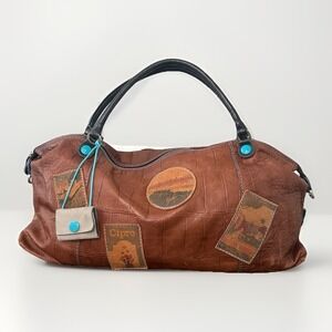 Gabs Italy Burnt Orange Textured Leather Satchel World‎ Travel Stamp Brown Bag